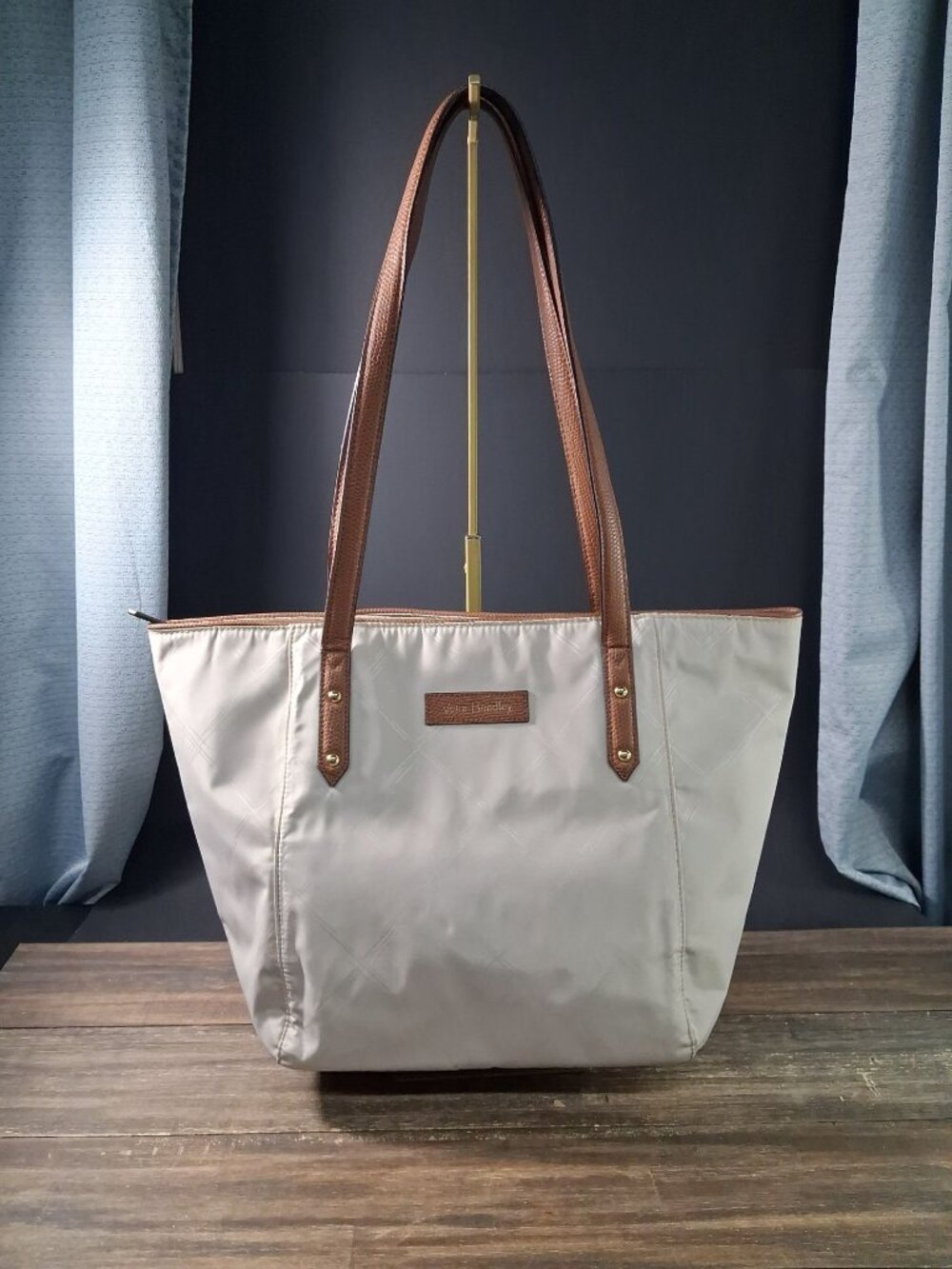 Vera Bradley Preppy Poly Ella Tote Bag Light Cream Grey Nylon Shoulder Purse